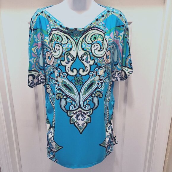 New York & Company Tops - New York & Co. Stretch-Mosaic Print-Rushing Sides-Boat Neck-Size L-Blue Mix Neon